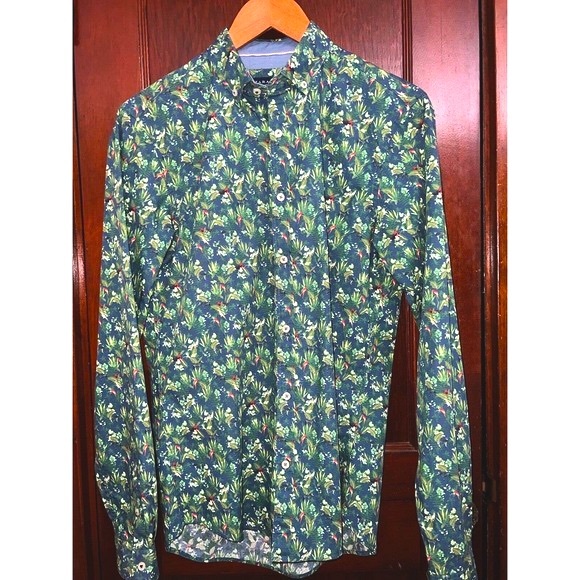 ZARA MAN SHIRT ZEBRA TIGER PARROT LEAF PRINT LONG SLEEVE SLIM FIT GREEN SMALL S - Picture 2 of 5